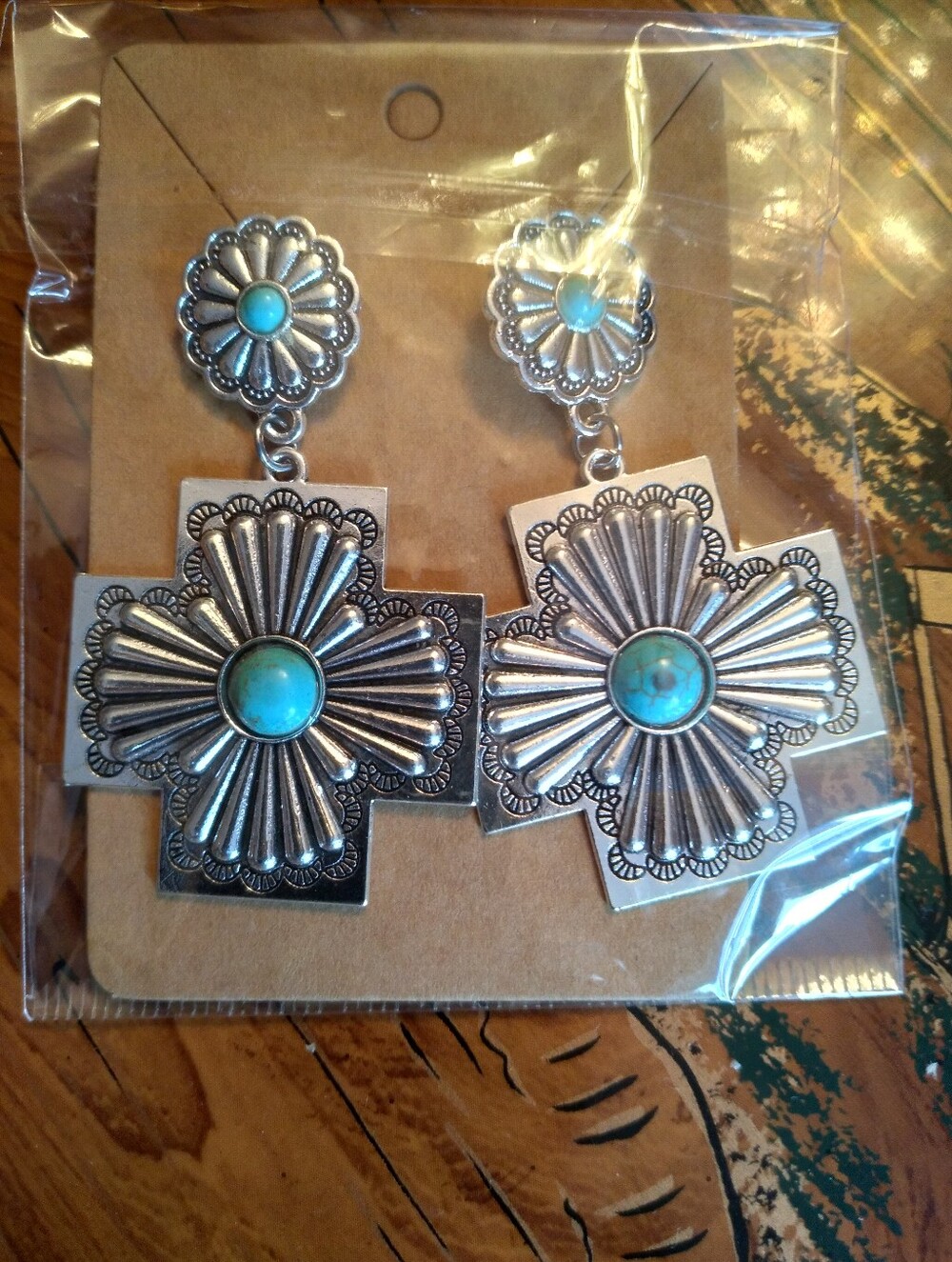 New Western Silver Tone And Turquoise Cross Earrings